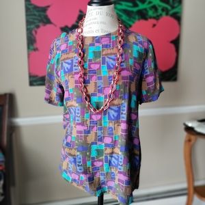 Vintage Lady Bear 100% Silk Geometric Shirt Blouse Size M